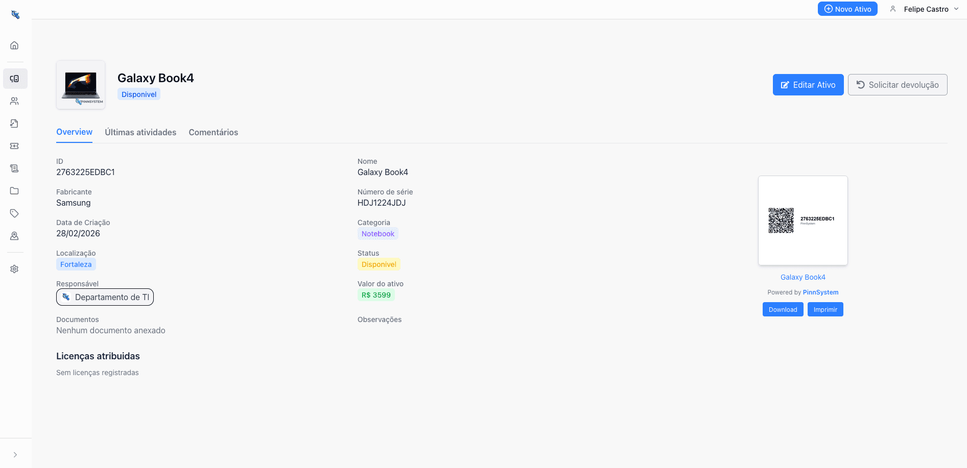 Detalhes do ativo no PinnSystem